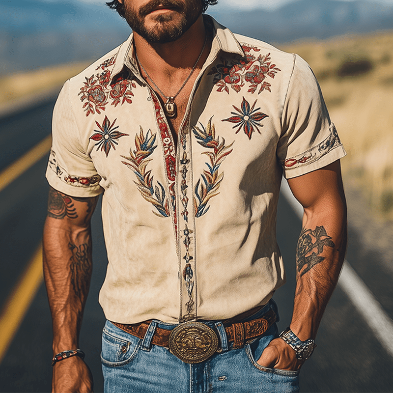Retro Western Embroidered Short Sleeve Shirt