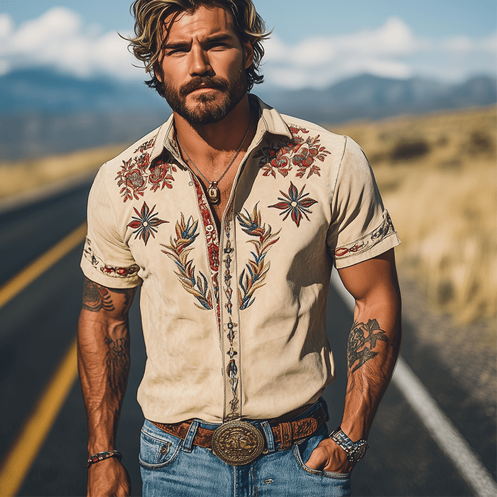 Retro Western Embroidered Short Sleeve Shirt