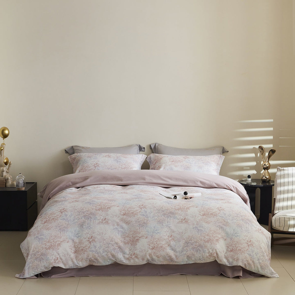 Reversible Cotton Sateen Bedding Set with Watercolor Tree Print