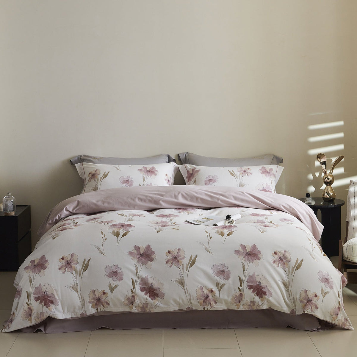 Reversible Cotton Sateen Bedding Set with Watercolor Tree Print
