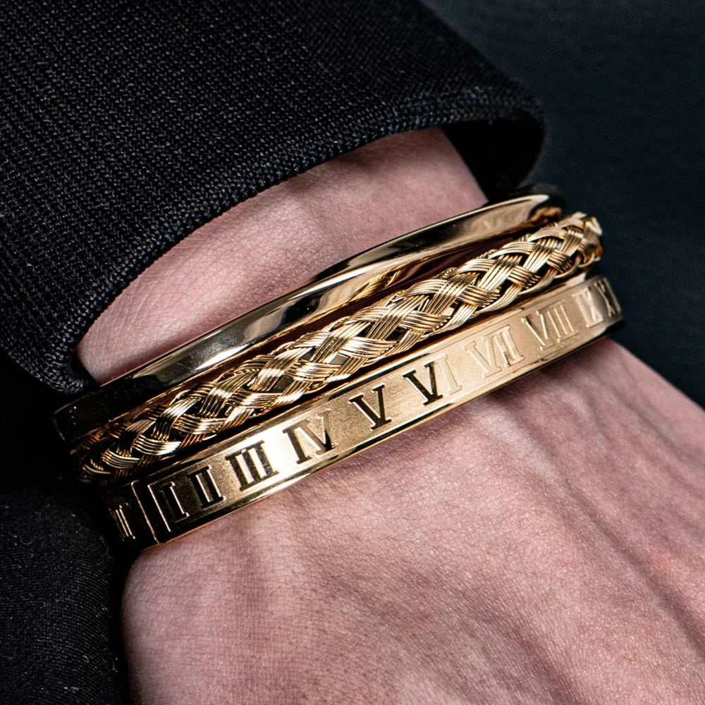 Roman Steel Triple Stack Bracelet Set