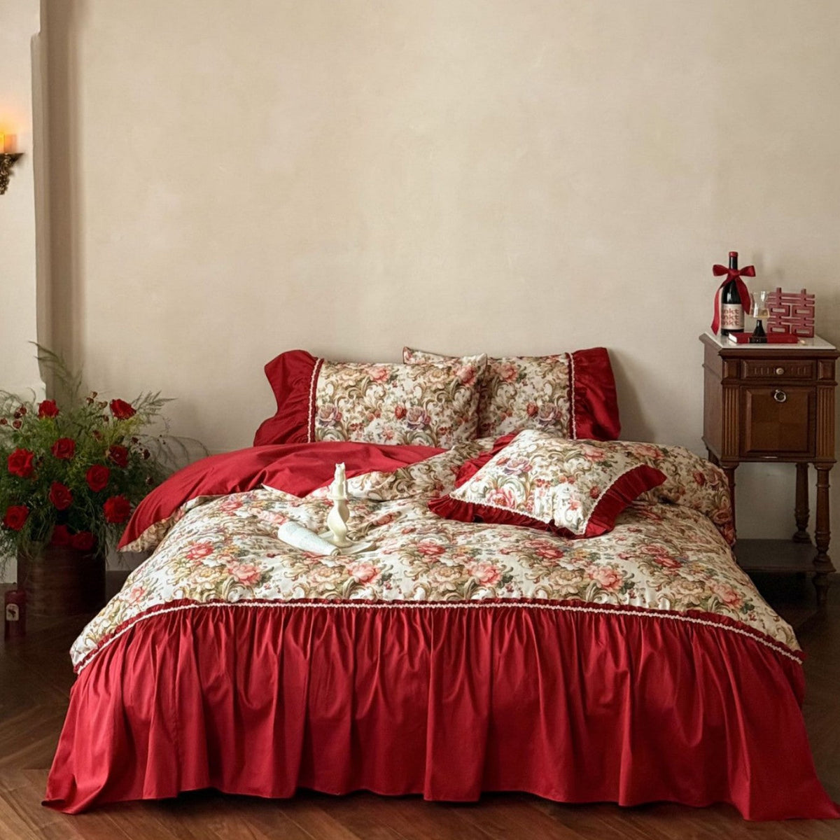 Romantic Floral Jacquard Cotton Sateen Bedding Set with Ruffles