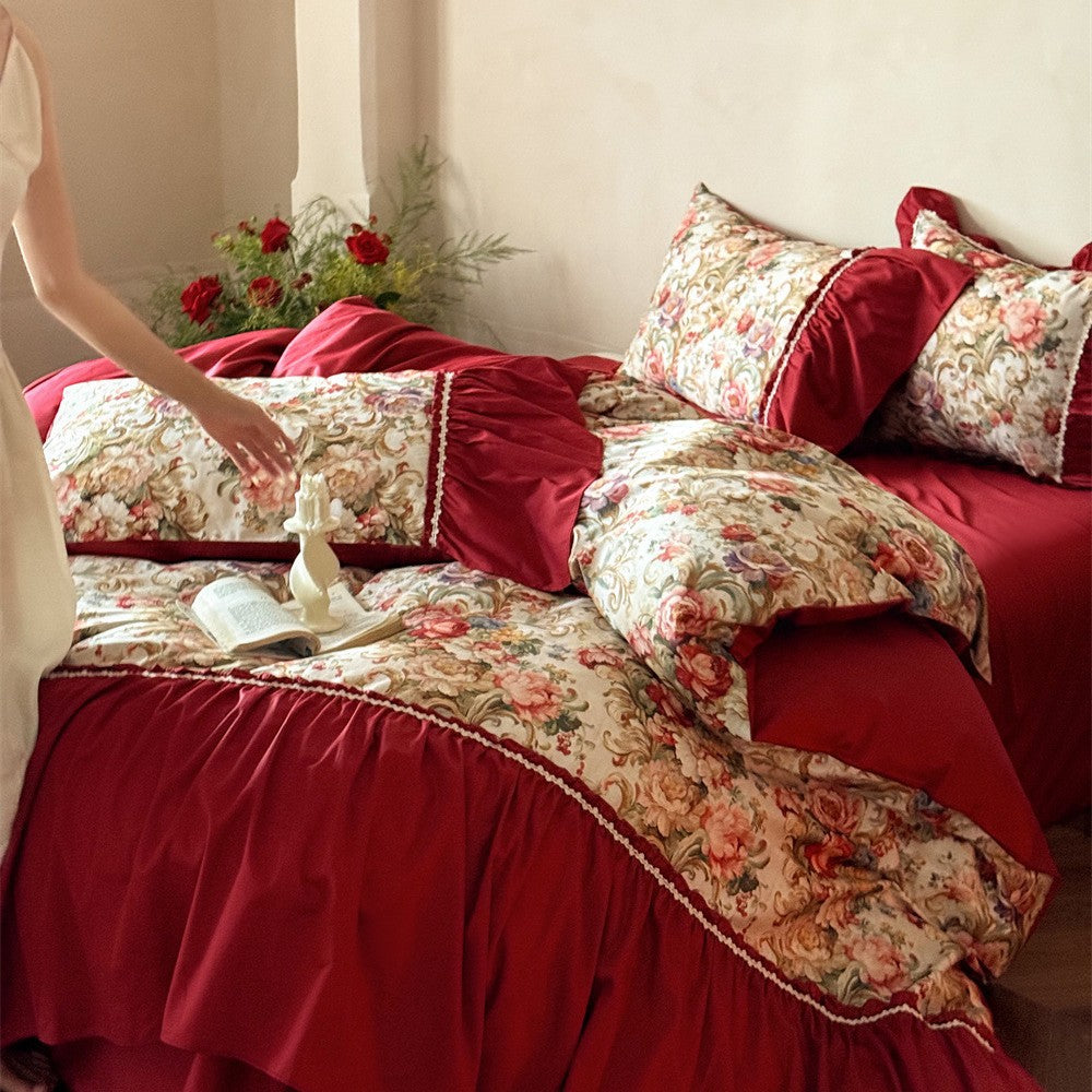 Romantic Floral Jacquard Cotton Sateen Bedding Set with Ruffles