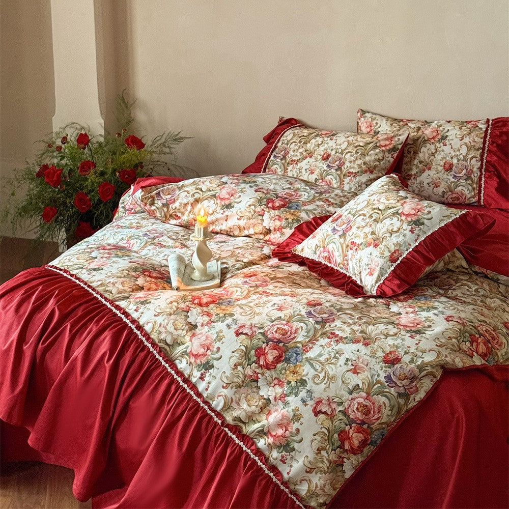Romantic Floral Jacquard Cotton Sateen Bedding Set with Ruffles