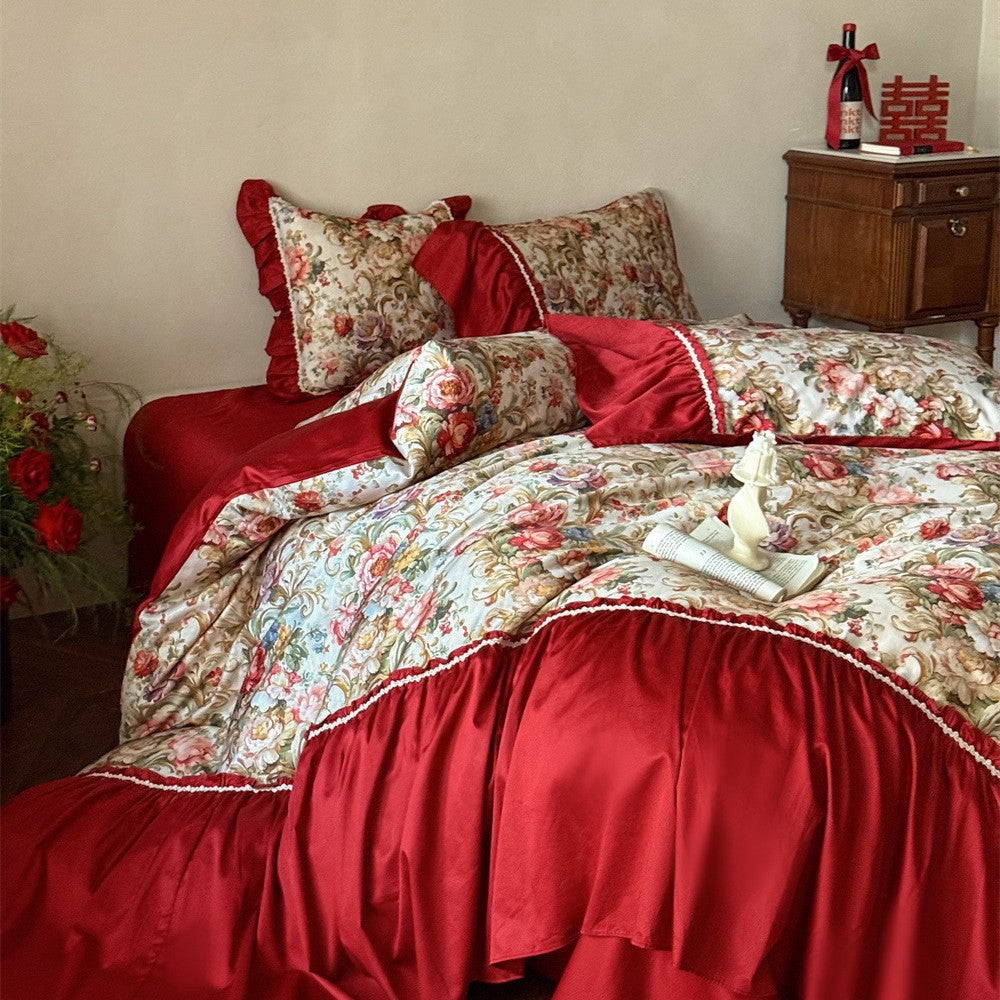 Romantic Floral Jacquard Cotton Sateen Bedding Set with Ruffles