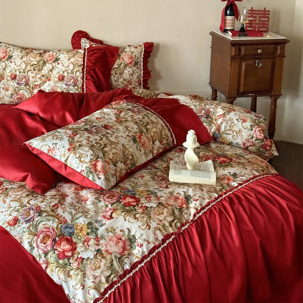 Romantic Floral Jacquard Cotton Sateen Bedding Set with Ruffles