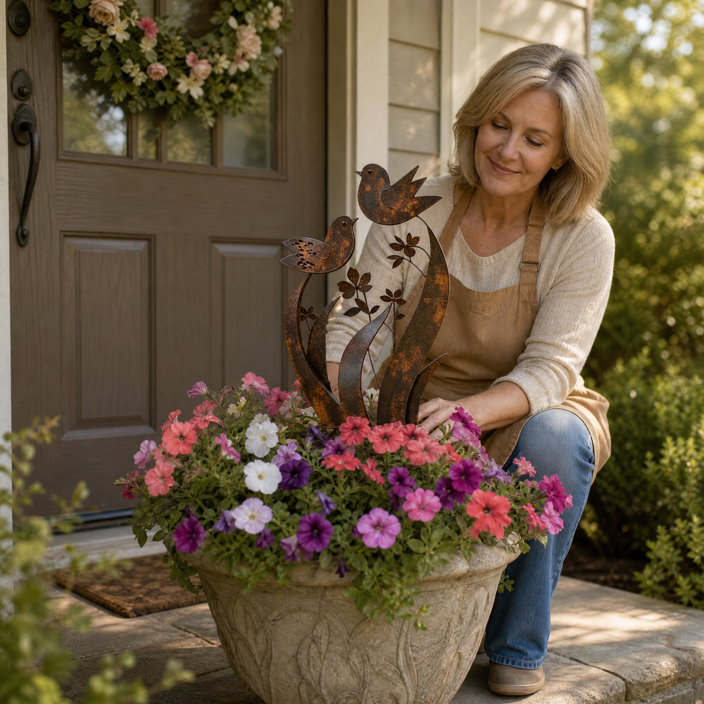 Rustic Bird & Wildflower Garden Stake