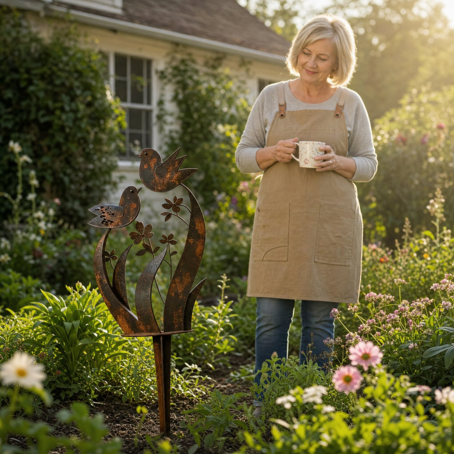 Rustic Bird & Wildflower Garden Stake