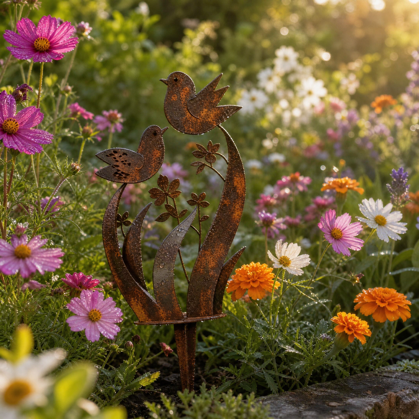 Rustic Bird & Wildflower Garden Stake