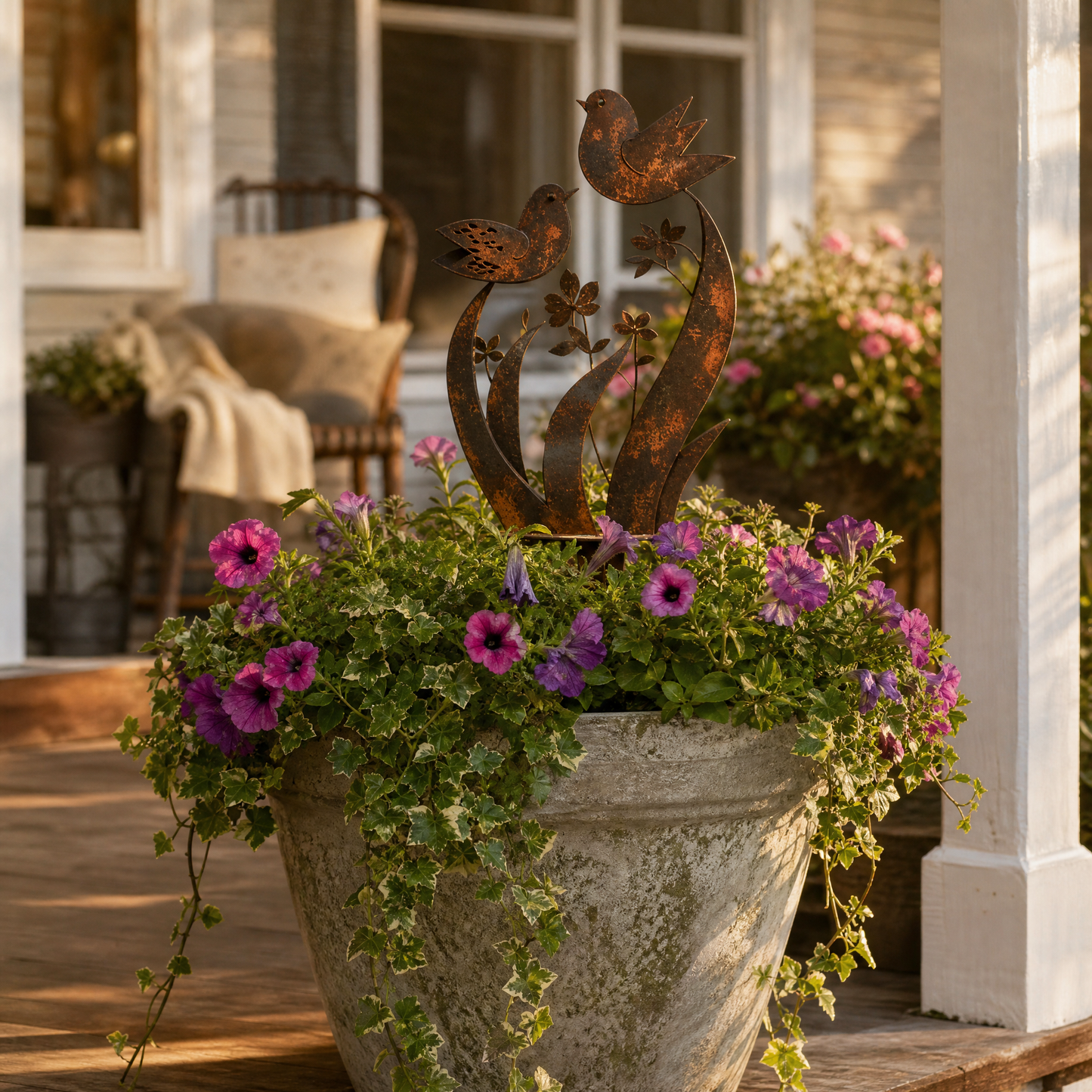 Rustic Bird & Wildflower Garden Stake