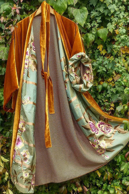 Satin Digital Floral Waist Belt Cardigan Pajamas