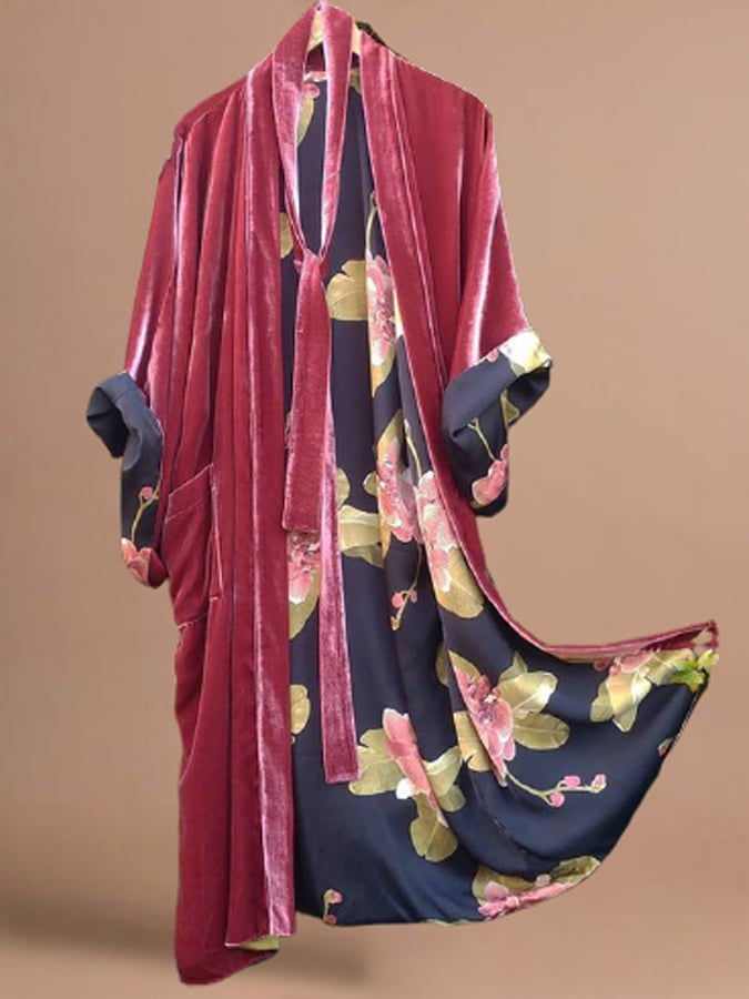 Satin Digital Floral Waist Belt Cardigan Pajamas