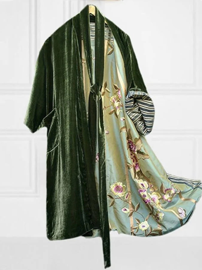 Satin Digital Floral Waist Belt Cardigan Pajamas
