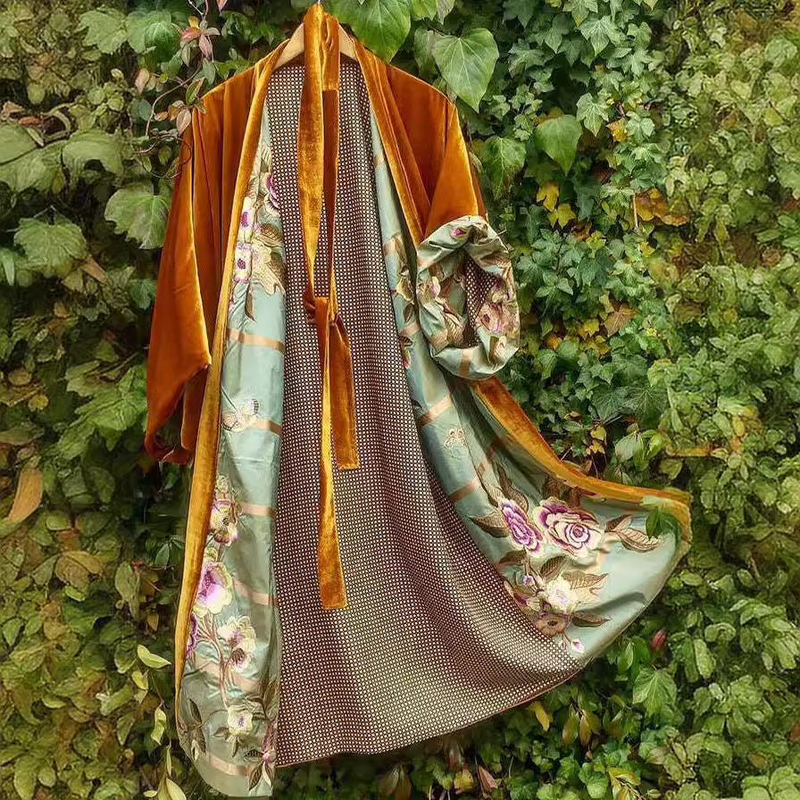 Satin Digital Floral Waist Belt Cardigan Pajamas