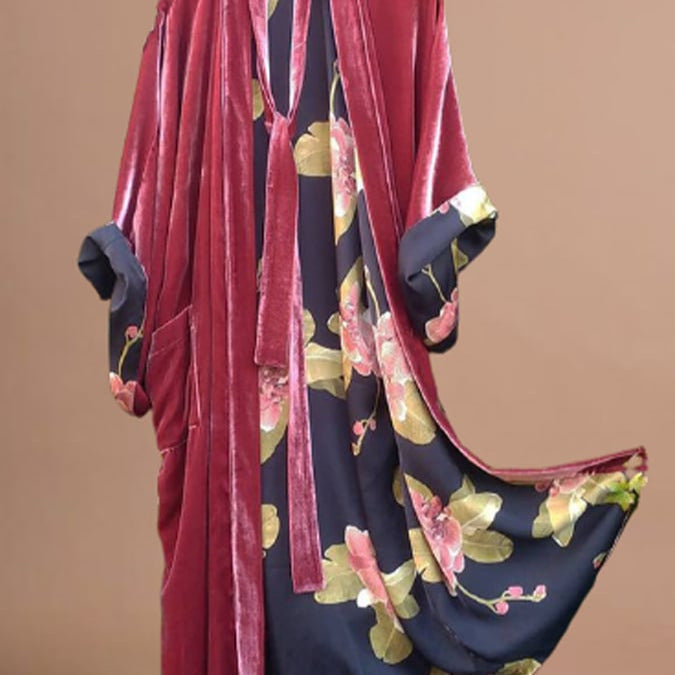 Satin Digital Floral Waist Belt Cardigan Pajamas