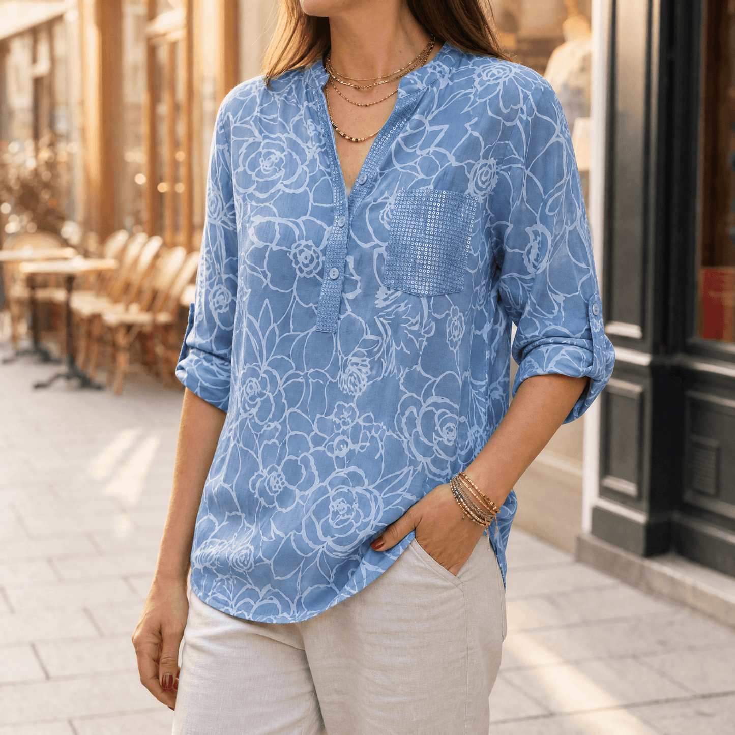Sequin Pocket Floral Blouse