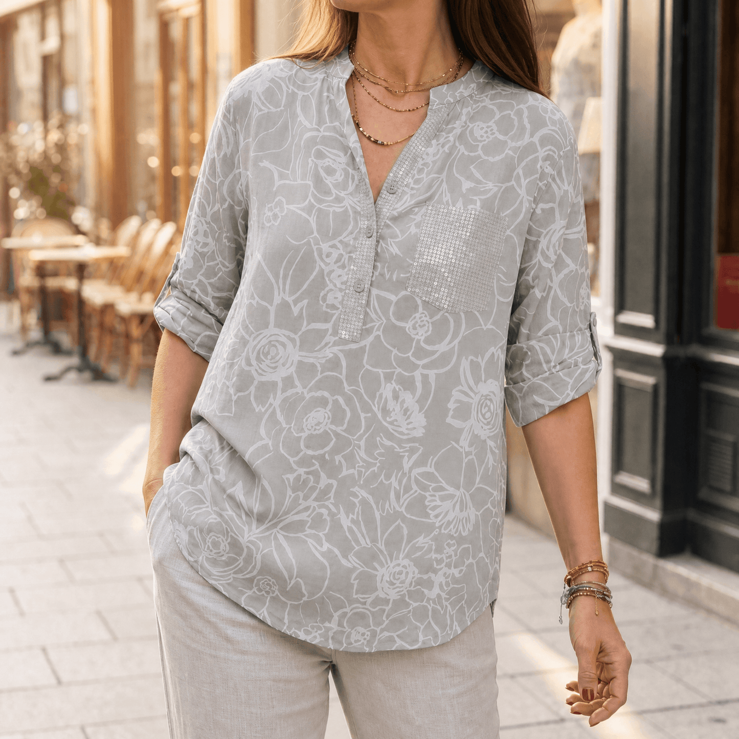 Sequin Pocket Floral Blouse