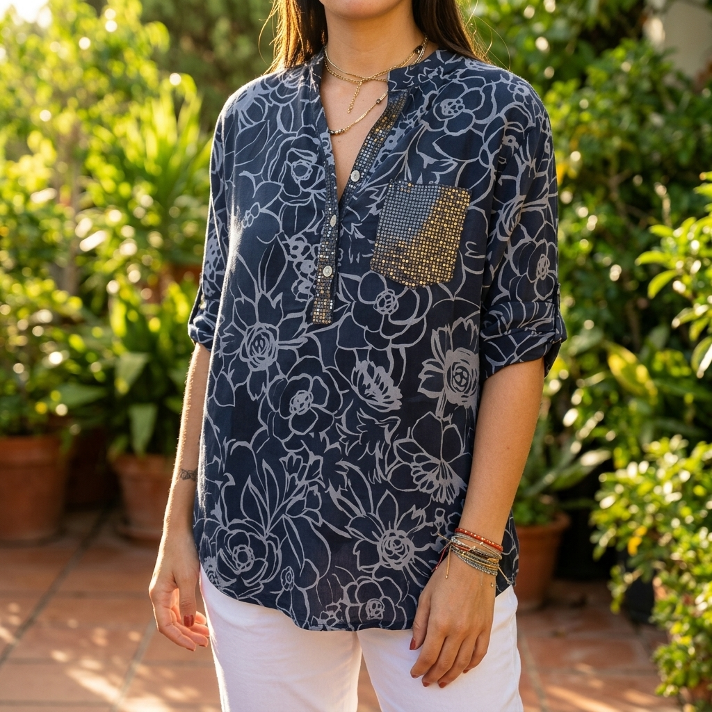 Sequin Pocket Floral Blouse