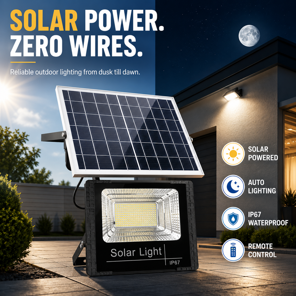Soluxe Solar-Powered Outdoor Flood Light With Remote