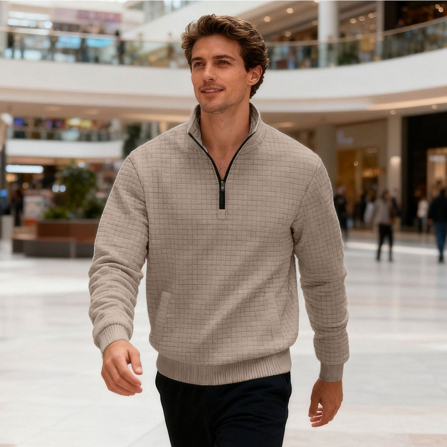 Sporty Sweater with Half-High Closed Collar
