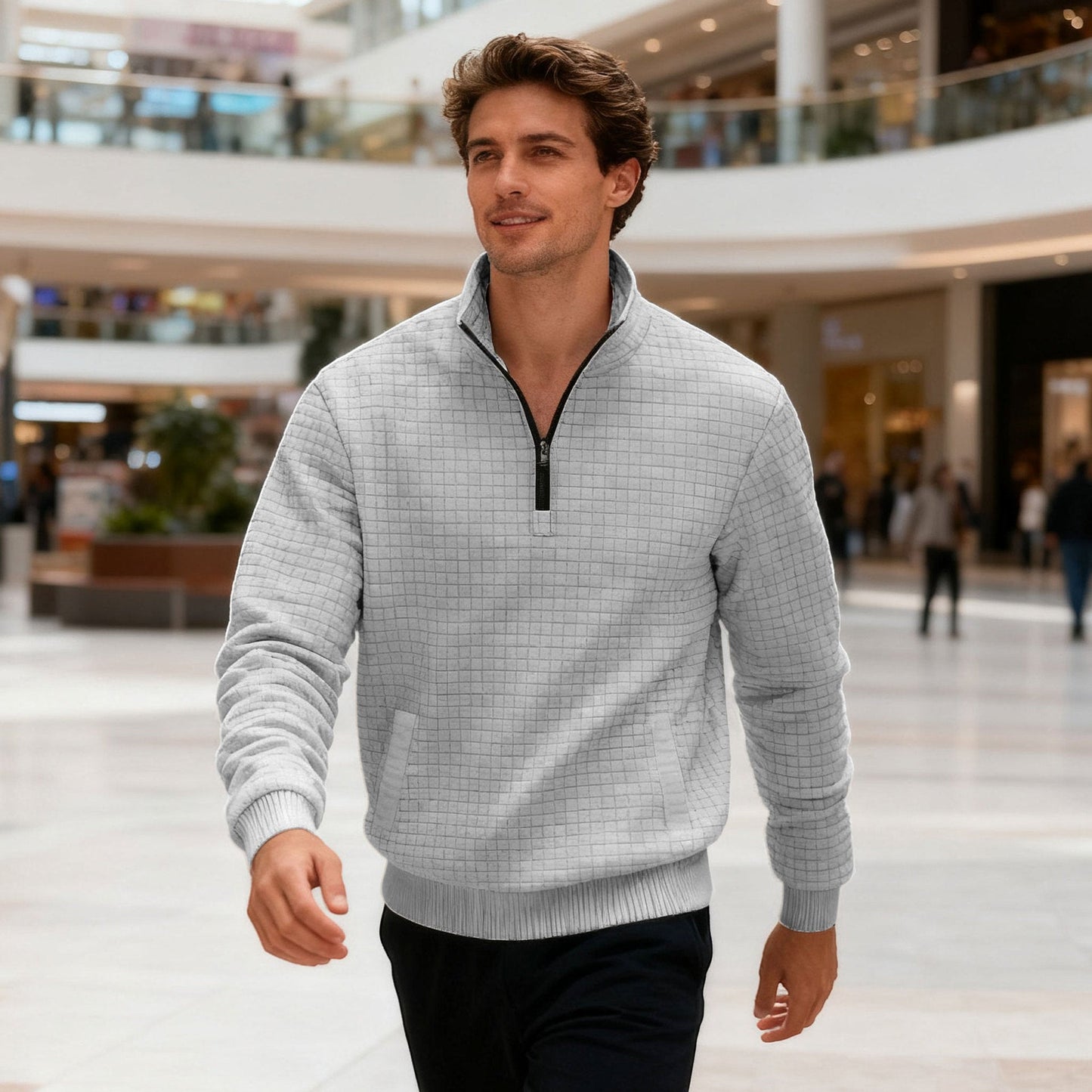 Sporty Sweater with Half-High Closed Collar