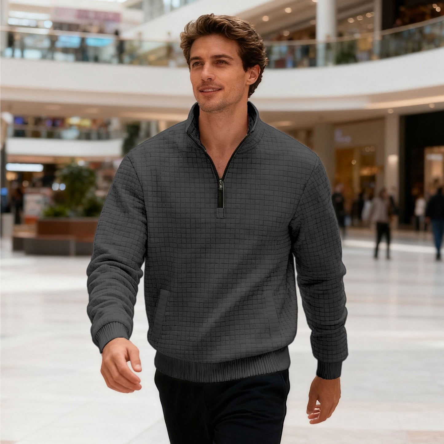 Sporty Sweater with Half-High Closed Collar