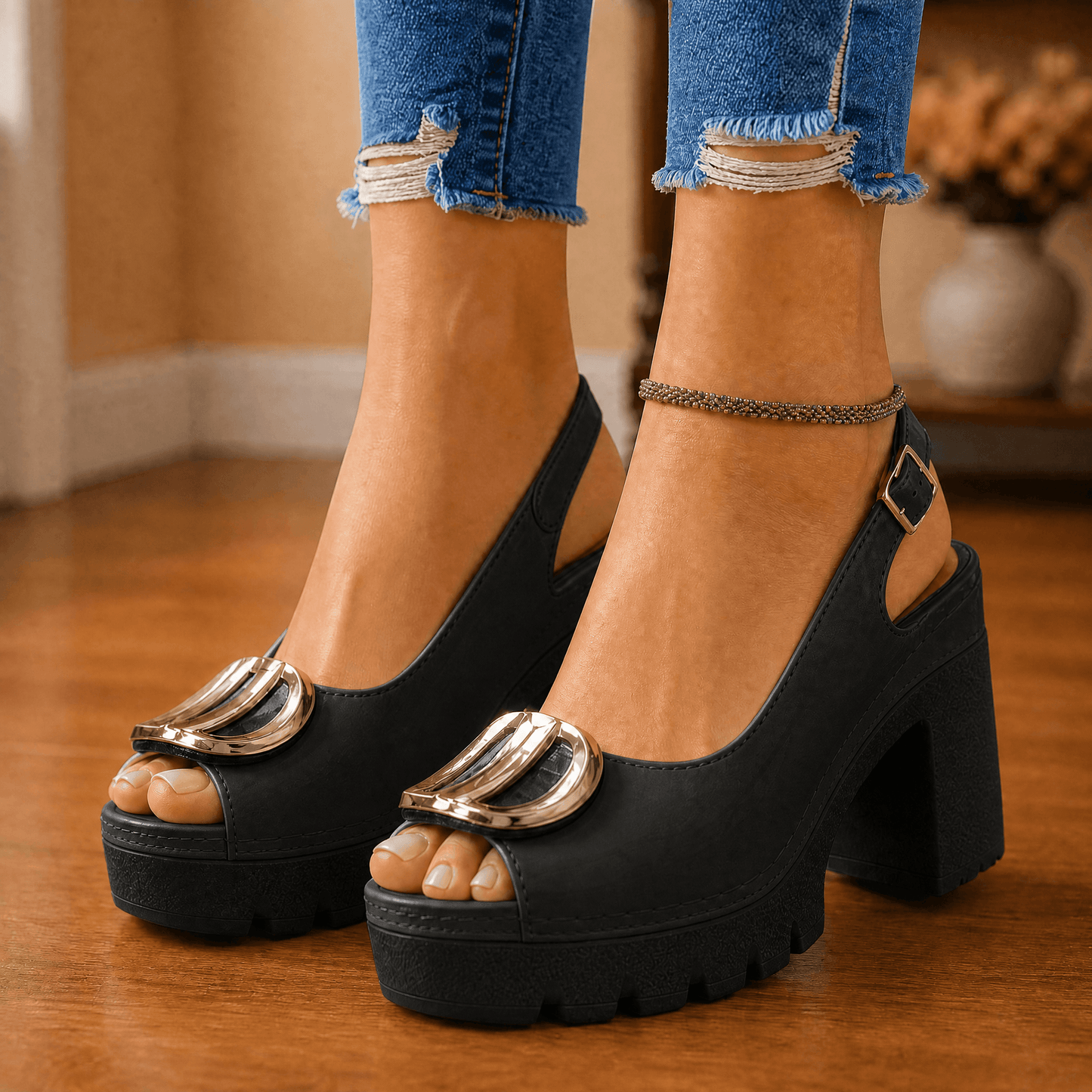 Statement Buckle Platform Heeled Sandals