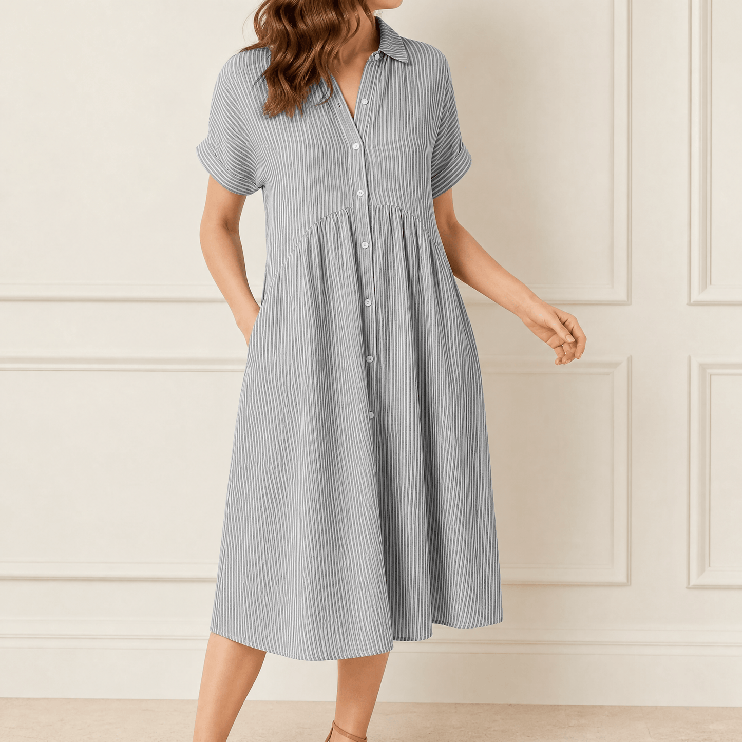 Striped Midi Shirt Dress with Pockets