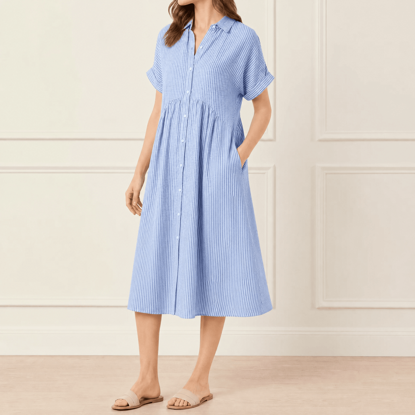 Striped Midi Shirt Dress with Pockets