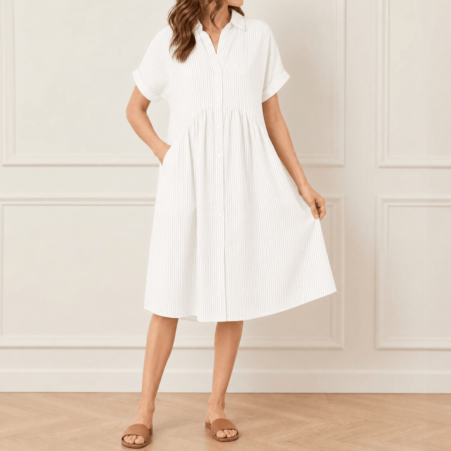 Striped Midi Shirt Dress with Pockets