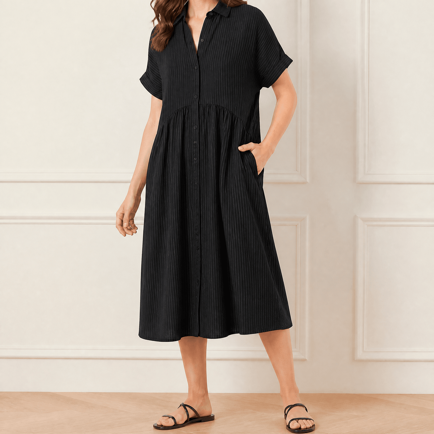 Striped Midi Shirt Dress with Pockets