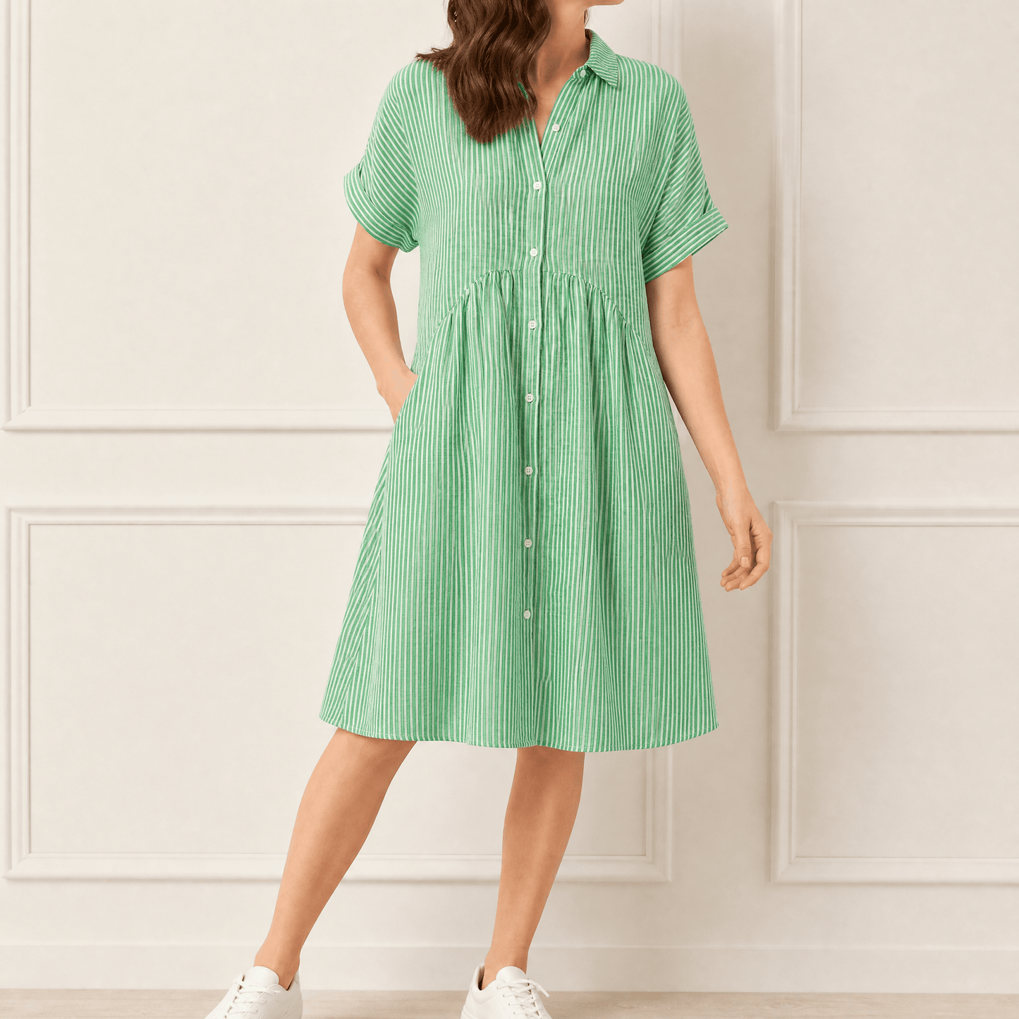 Striped Midi Shirt Dress with Pockets