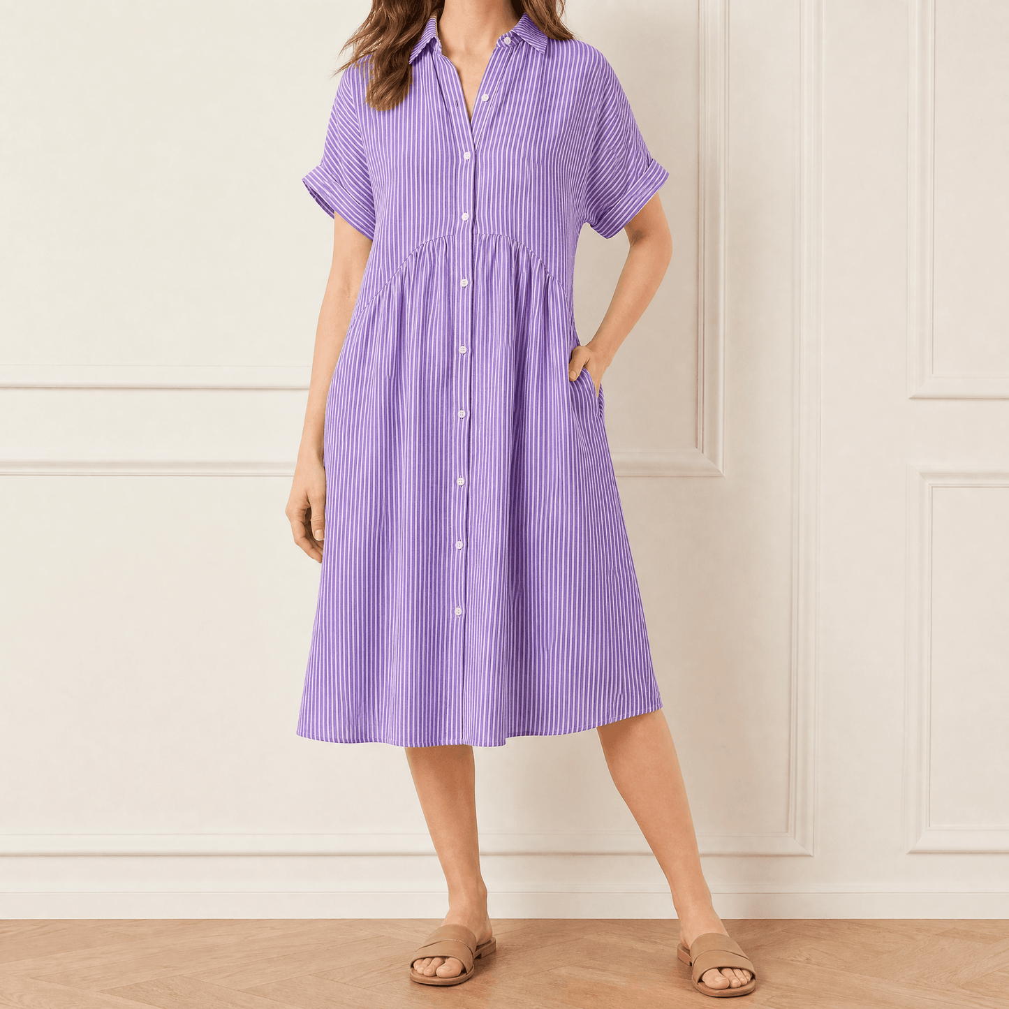 Striped Midi Shirt Dress with Pockets