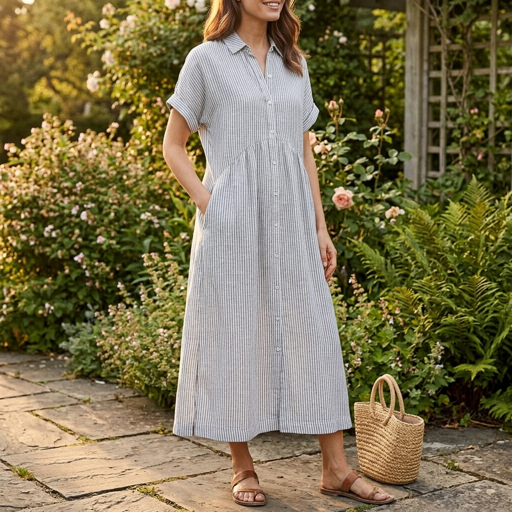 Striped Midi Shirt Dress with Pockets