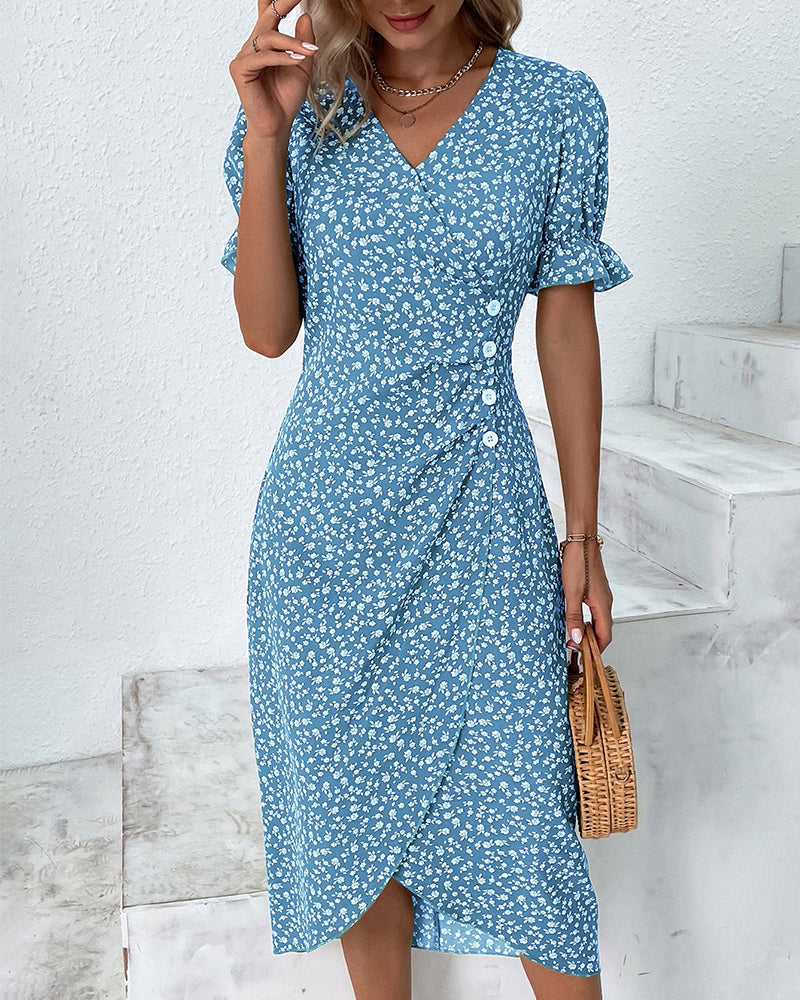 Stylish Floral Print V-Neck Wrap Dress