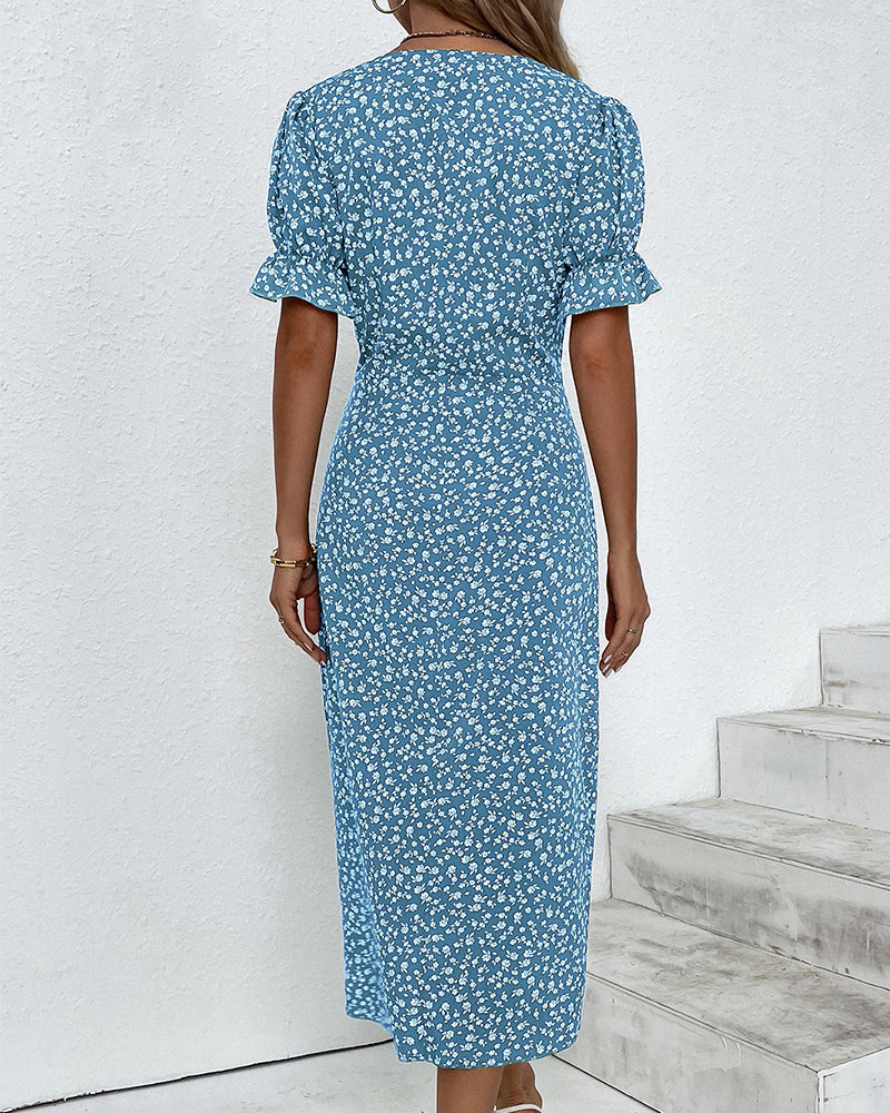 Stylish Floral Print V-Neck Wrap Dress