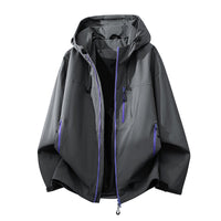 Technical outdoor jacket with multifunctional pockets and adjustable hood system