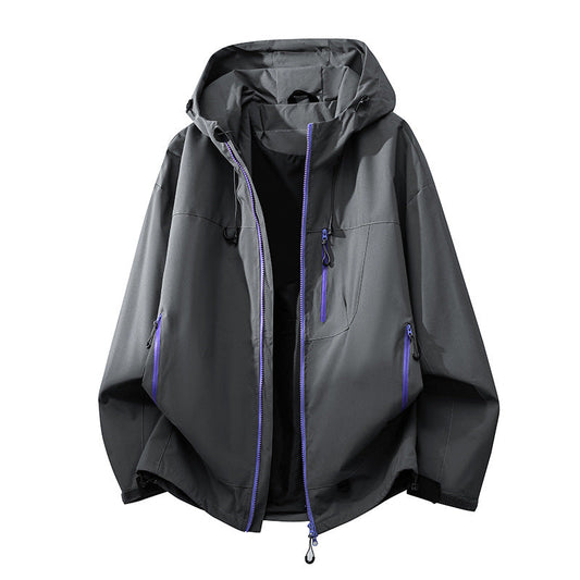 Technical outdoor jacket with multifunctional pockets and adjustable hood system