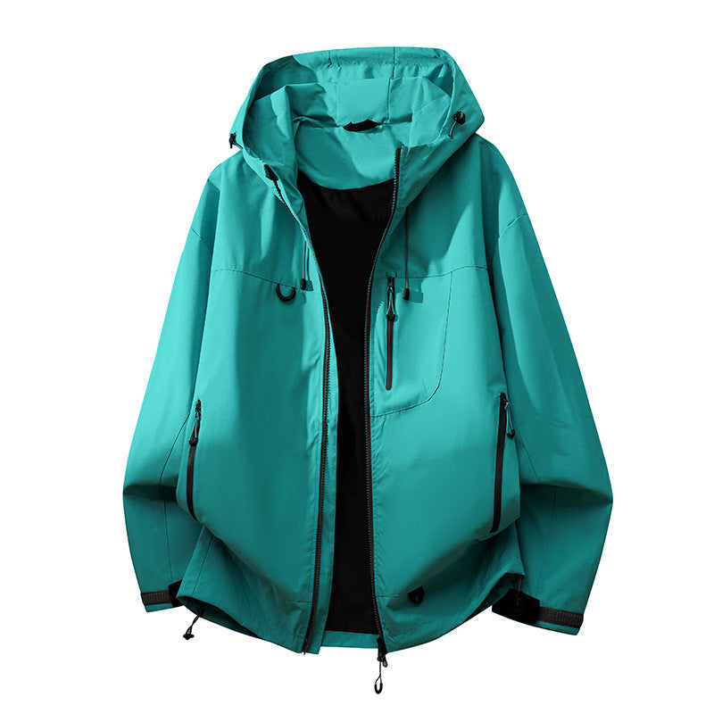 Technical outdoor jacket with multifunctional pockets and adjustable hood system