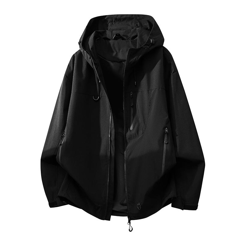 Technical outdoor jacket with multifunctional pockets and adjustable hood system