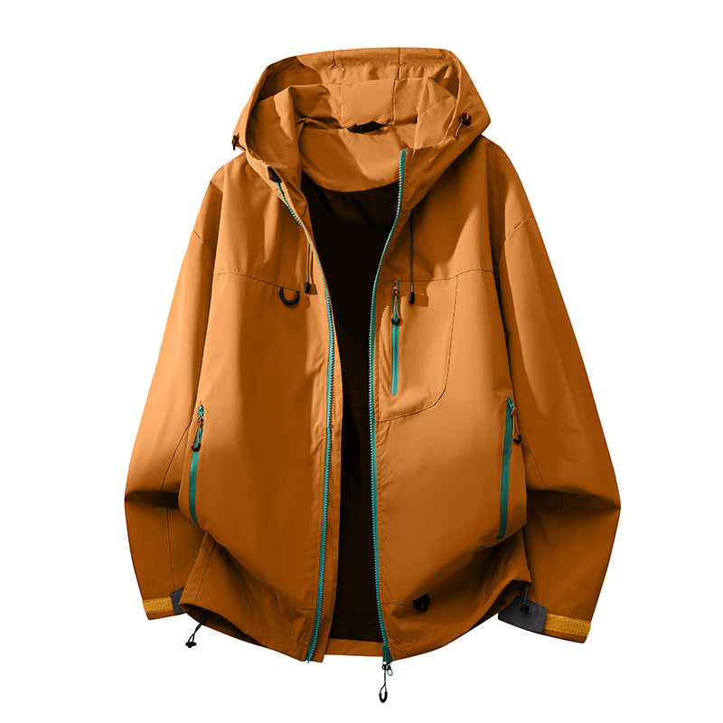 Technical outdoor jacket with multifunctional pockets and adjustable hood system