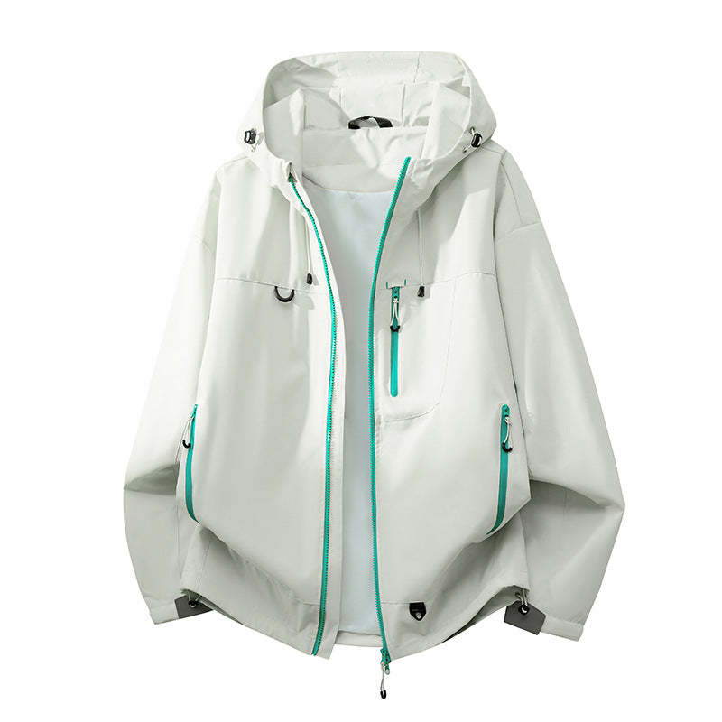 Technical outdoor jacket with multifunctional pockets and adjustable hood system