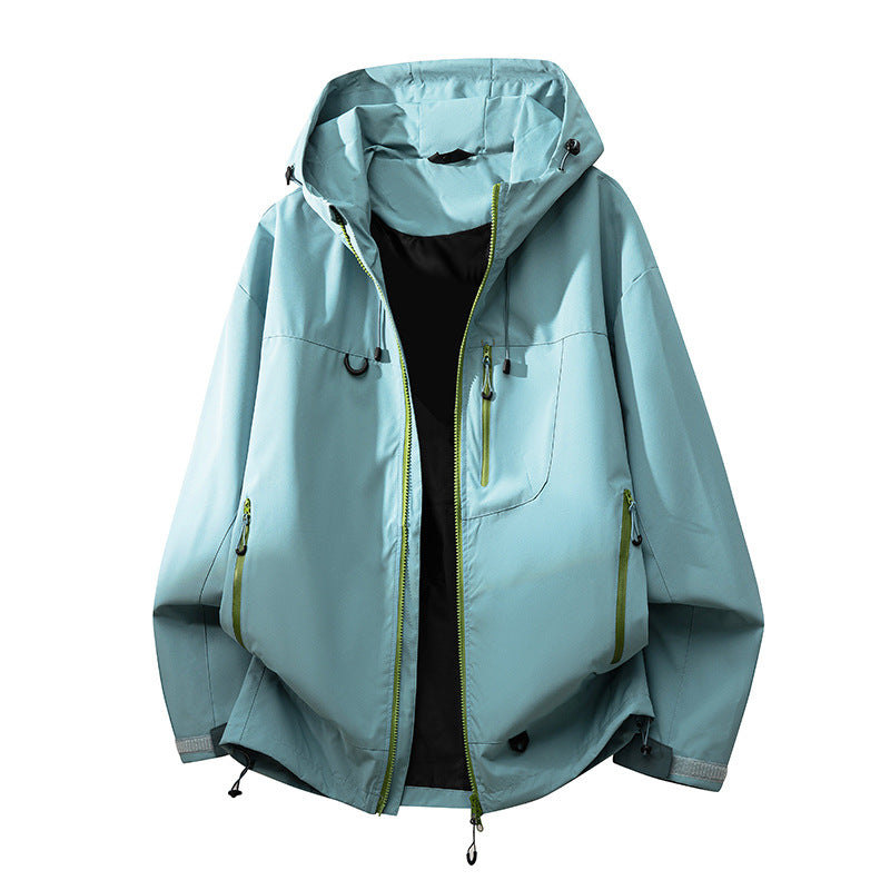 Technical outdoor jacket with multifunctional pockets and adjustable hood system