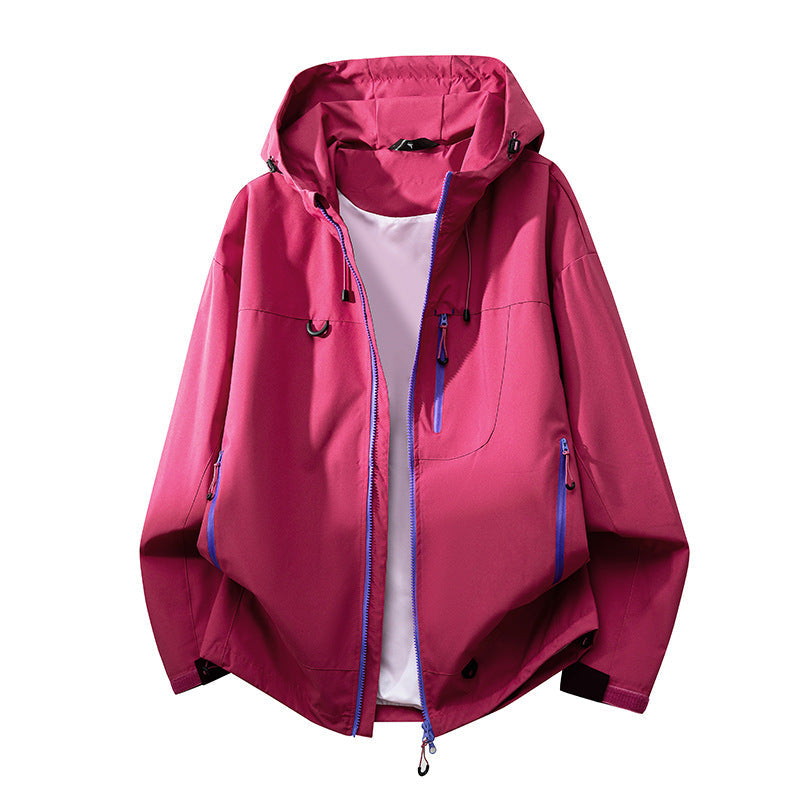 Technical outdoor jacket with multifunctional pockets and adjustable hood system