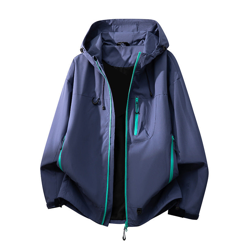 Technical outdoor jacket with multifunctional pockets and adjustable hood system