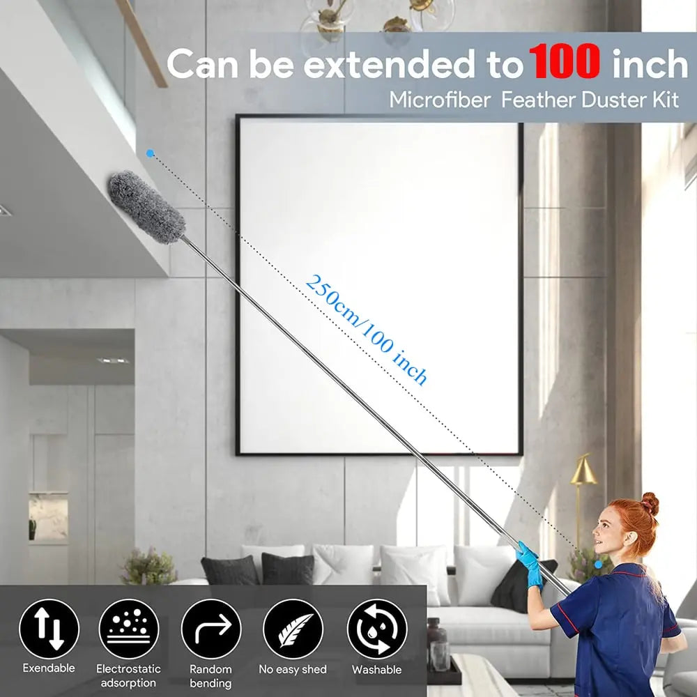 Telescopic dust duster with extra long microfiber head (Free 3 replacement cleaning heads)