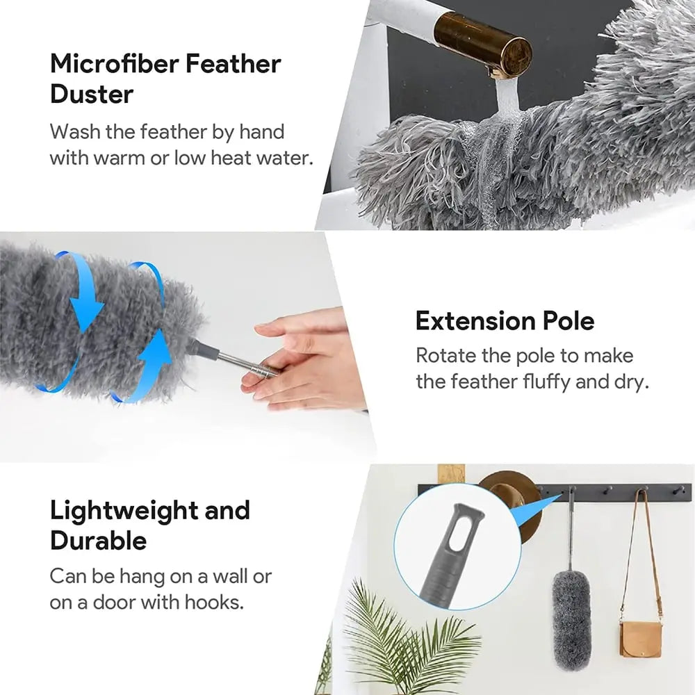 Telescopic dust duster with extra long microfiber head (Free 3 replacement cleaning heads)