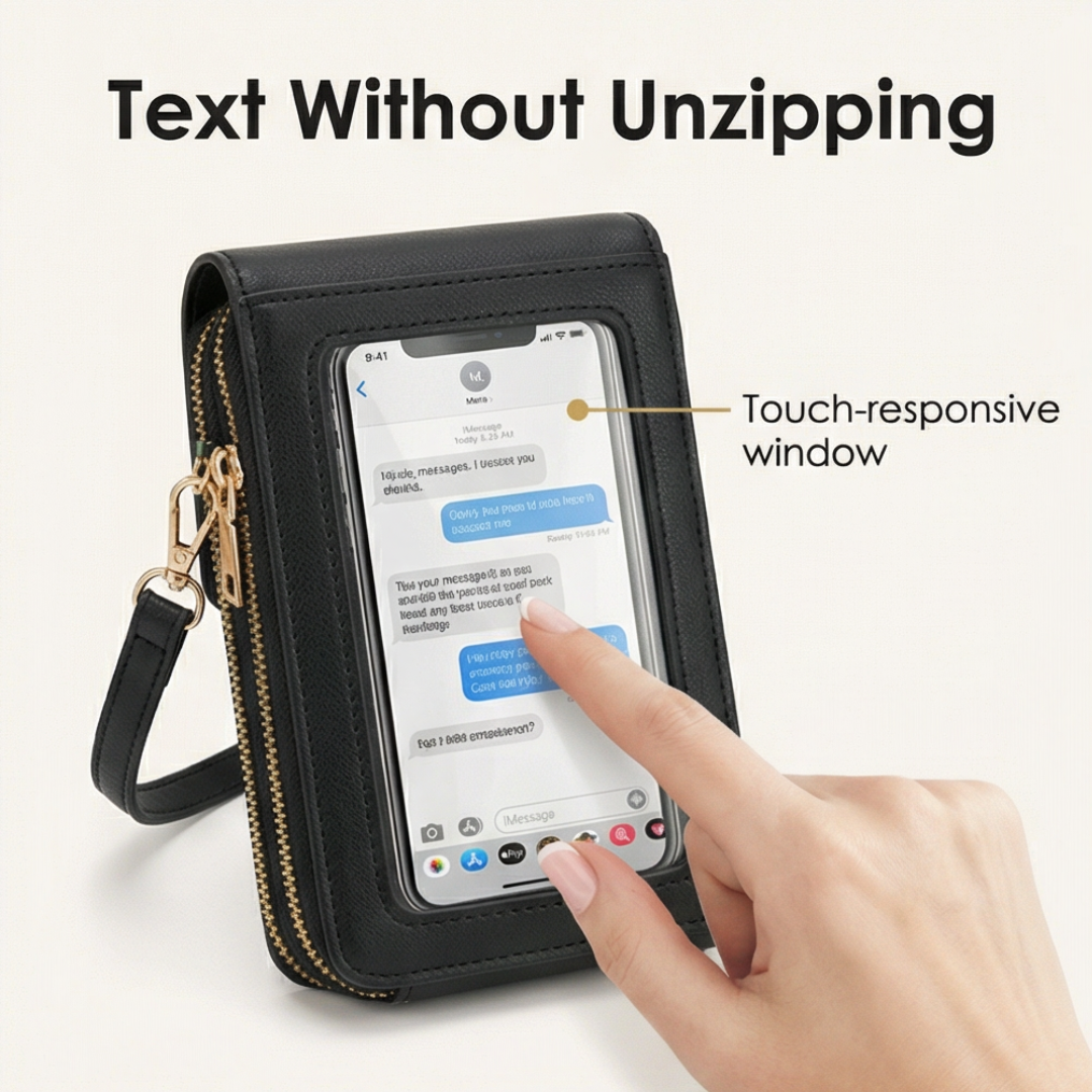Touch through crossbody phone purse