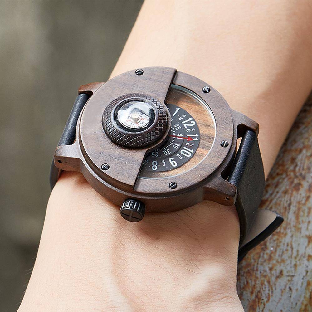 Unique Turntable Compass Dial Wooden Watch