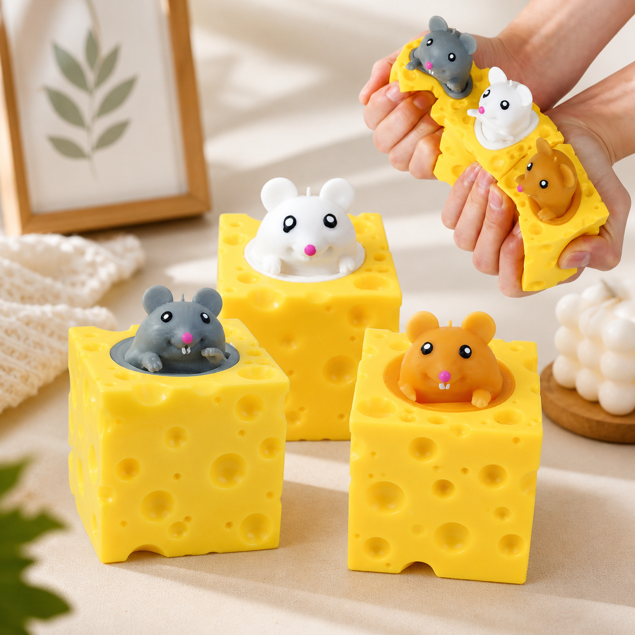 Unisex Squeeze Cheese Block with Popping Mice